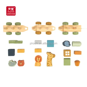 Children Preschool Education Wooden Animal Stacking Train Pull Along Block Train Color Cogintive Matching Toy