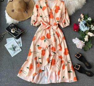 Cross-border Women's Summer Resort Dress Europe America-Regular Deep V Ruffled Floral Crocheted Knee-Length High Waist