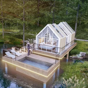 Glamping frente a la playa, estructura en A, móvil, invernadero eléctrico, toldo, iluminación interior y sombra, resorts, invernadero