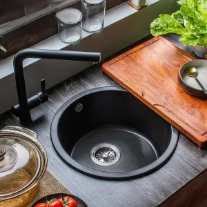 Compact Black Quartz Granite Composite Undermount Round Sink for Modern Kitchens