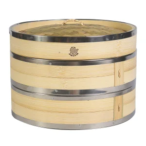 JUSEN Handcrafted Chinese Bamboo Steamer Basket with Stainless Steel Ring for Dim Sum Soup Dumpling Cooking Wood Steamer