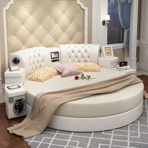 Modern Multifunctional Leather Luxury Bed Hotel Home Smart Furniture Bedroom Wooden Double Massage Soft Round Bed