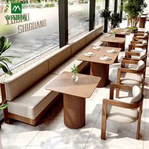 Commercial Restaurant Table and Chair Solid Wood Booth Sofa with Round Dining Table and Armchairs for Cafe and Restaurant