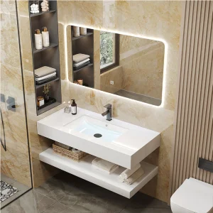 Double Shelf Glossy Finish Easy Clean LED Lighted Integrated Sink Bathroom Vanity