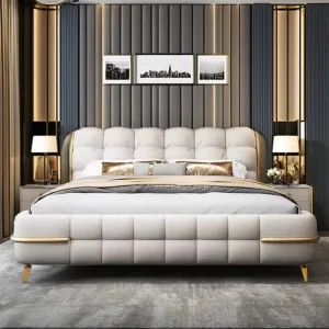 Cama doble king de madera maciza de estilo italiano moderno con cuero, camas de lujo de alta gama