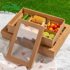 Caja de almuerzo de papel kraft desechable, contenedor de comida para llevar, a prueba de fugas, resistente a la grasa, embalaje ecológico, personalización de logotipo al por mayor