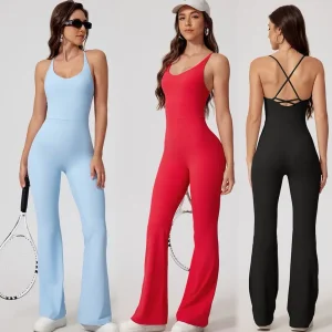 Leotardo de fitness con espalda cruzada y pierna acampanada para mujeres, venta al por mayor de una pieza acanalada con bodysuit de entrenamiento y sujetador, ropa para danza de pole