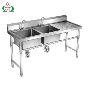 Stainless Steel Double Sink Work Table with Splashback for Commercial Restaurant Hotel Kitchen Use Stainless Steel Sink