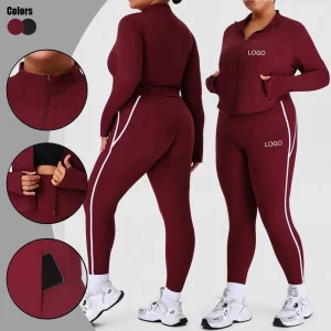 Roupas de Fitness para Corrida Feminina com Leggings de Cintura Alta em Tamanhos Grandes com Bloco de Cores e Casaco Emagrecido