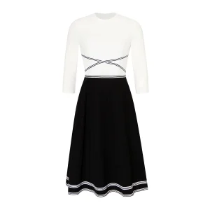Custom Wholesale Clothing Ruffles a Line Midi Dress Classic Vintage Luxury Formal Korean Office Wear Dress for Women Elegant