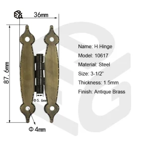 1.5mm Antique Brass H Hinge 3-1/2" for Decorative Door/Window Shutter Application