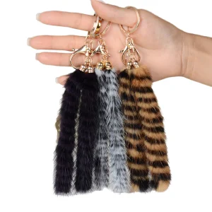 Adorable Double Fur Tail Keychain Genuine Mink Fur Pendant in Multiple Colors with Metal Clip for Backpack Purse and Keys