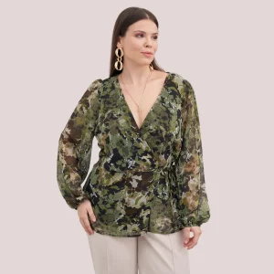 Factory New Arrival Plus Size Chiffon Waist Wrap Floral V-Neck Print Ruffle Women Tops Blouse
