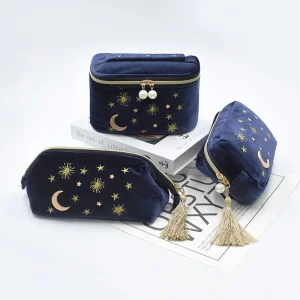Factory Custom Eco-Friendly Velvet Lady Makeup Bag with Zipper Closure Embroidered Tassels Moon Stars Organizer