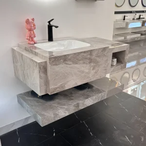 Floating Sintered Stone Single Bowl Sink Bathroom Vanity with Seamless Basin