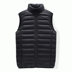 Men's Lightweight White Duck Down Puffer Vest - Warm, Solid Color, Stand Collar, Sleeveless Outerwear