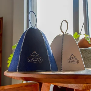 Austria CE Certified Navy Blue Wool Felt Sauna Hat with Cute Cartoon Embroidery