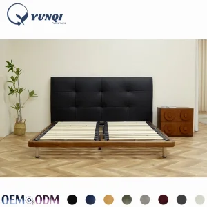 Cama plataforma moderna de madera maciza con cabecera de cuero sintético