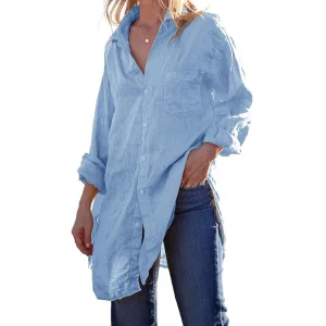 Women Long Sleeve Cotton Linen Shirt