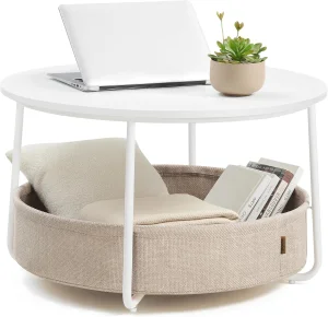 Modern Bamboo Coffee Table with Storage and Fabric Basket Round Design for Living Room (Metal Frame)