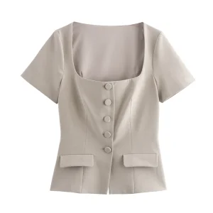 Womens Square Collar Short Sleeve Blouse
