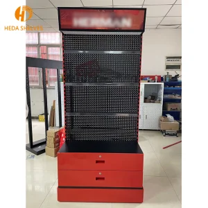 Custom Hardware Tools Single-sided Gondola Shelving Freestanding Pegboard Display Rack Heavy Duty Metal Merchandising Stand