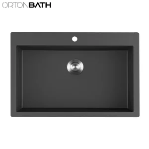 Ortonbath Rectangular Top Mount Single Bowl Black Silvery Granite Composite Kitchen Sink &amp; Waste Kit With1 Tap Hole