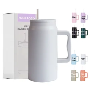 50 Oz Mug Tumbler with Handle and Straw Lid Reusable Insulated Stainless Steel Large Travel Jug Gifts for Him &amp; Her
