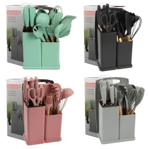 19-Piece Silicone Kitchen Utensil Set with Wooden Handle and Knife