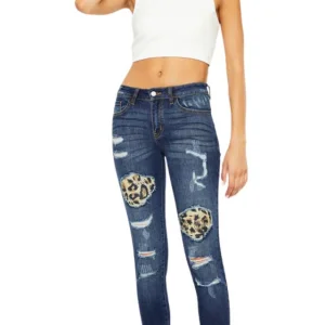 Wholesale Sexy Leopard Patch Slim Fit Denim Jeans