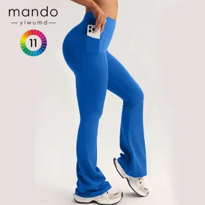 Polyester Spandex Side-Pocket Wide-Leg Pants Women's High-Waisted Fitness Yoga Flare Leggings With Pockets
