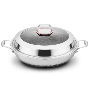 316 Double-Ear Stainless Steel Wok 40 42 Large Non-Stick Flat Bottom Household Cooking Pan Low Oil Smoke Double-Sided Screen