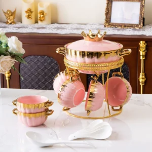 Luxury Gold Edge Green Pink White Black Dinnerware Set