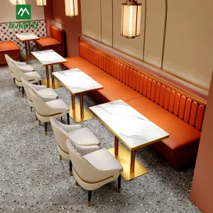 Light Luxury Commercial Restaurant Furniture Set Metal Dining Chairs Sintered Stone Dining Table and Booth Sofas for Cafe Hotel