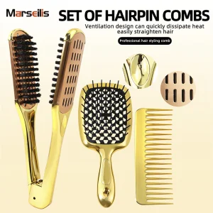 Electroplated Gold Vent Cushion Wide Tooth Detangling Hair Straightening Brush Set with Hair Styling Tools
