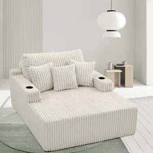 Boneless Loveseat Lounge Sofa Bed Foam Compressed Double Chaise Cloud Couch Chair Corduroy Floor Seat Sleeper with Cup Holders