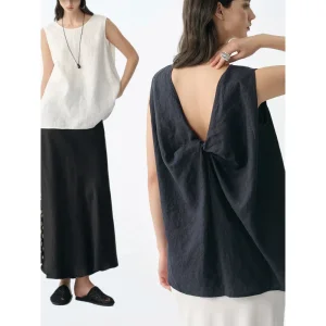 Customizable Factory Wholesale High Quality Affordable Women's Summer Pure Linen Design Sleeveless Vest Open Back Loose Top
