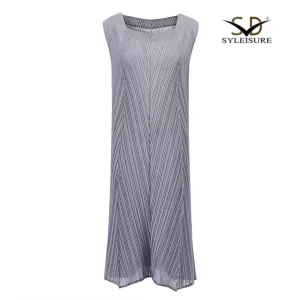 Wholesale Women's Square Neck Pleated Loose Fit Dress – Sleeveless Lightweight Midi Dress Factories, Company