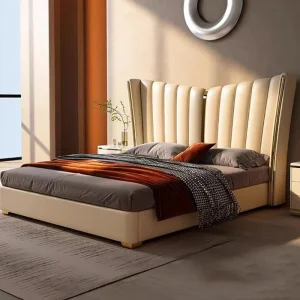 Cama doble tapizada de lujo ligero italiana, juego de muebles para el hogar, dormitorio moderno, marco de madera, cama de cuero tamaño king