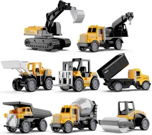 Alloy Mini Construction Vehicles 8PCS Die-Cast Construction Toys Set Excavators Mixer Truck Bulldozers Forklift Dump Truck Pull Back Car Toys for Toddlers Kids