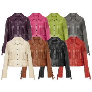 Wholesale Women's Sheep Skin Woven Quilted Short Motorcycle Jacket Custom Color Genuine Leather Outerwear with Tassel and Fringe