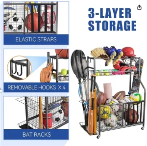 Sports Equipment Storage Cage Metal Ball Basket with Hooks Factory Outlet