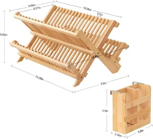 Bamboo Dish Drying Rack with Utensils Flatware Holder Set, Large Folding Drying Holder for Kitchen Counter