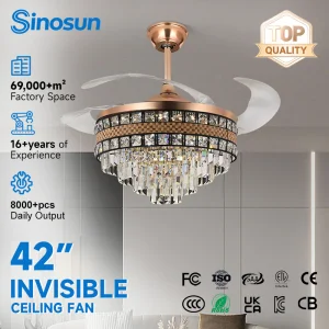 Energy-saving Modern Indoor 42 Inch 3-Color Temperature Dimmable Mute Invisible Crystal Ceiling Fan With Led Light and Remote