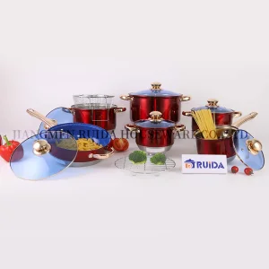 Red Mirror Polishing Copper Knob Blue Glass Lid Cookware Set