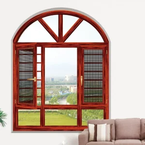 Ventana de doble apertura de aluminio con diseño de reja, arcos de madera antigua color madera con marco de casa
