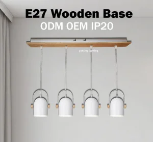 Modern Nordic Style Wooden Pattern Metal Round E27 4-Lamp Hanging Chandelier Ceiling Pendant Light Interior Decorative White Lighting for Living Room, Bedroom