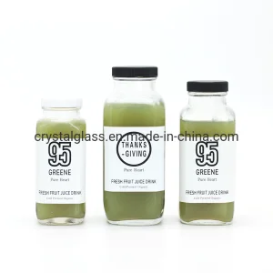 6oz 8oz 12oz French Square Glass Juice Bottle with Plastic/Aluminum Lid Cap