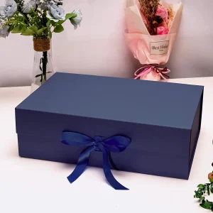 Caixa de presente dobrável personalizada azul marinho impressa para flores, casamento, caixa rígida de luxo com flip magnético e impressão para perfume, joias, roupas, cosméticos