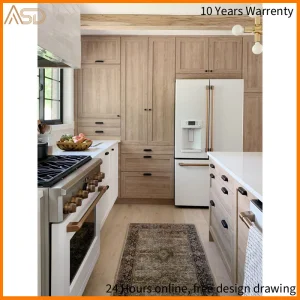 Custom Rustic Style Storage Cabinet Shaker Stained Cherry Modern Kitchen Cabinet with Conceals Refrigerator